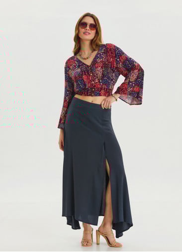 Zipper Detailed Slit Anthracite Asymmetric Skirt 4637